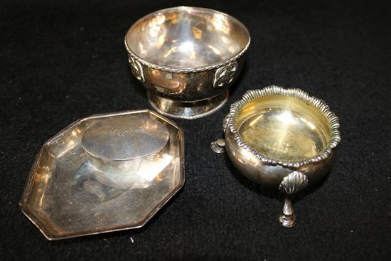 GIII silver salt, arts and crafts bowl silver dish and silver snuff box